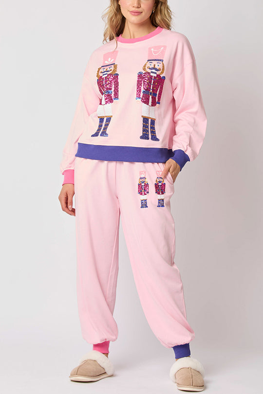 Conjunto de sudadera con lentejuelas y pantalones holgados con cintura elástica y bolsillos de estilo soldado navideño