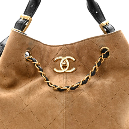 Suede Calfskin Shiny Lambskin Quilted Shopping Bag Beige Black