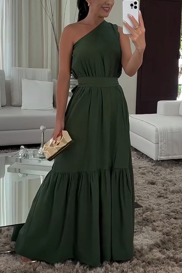 Vestido largo de color liso con un solo hombro y lazo en la cintura