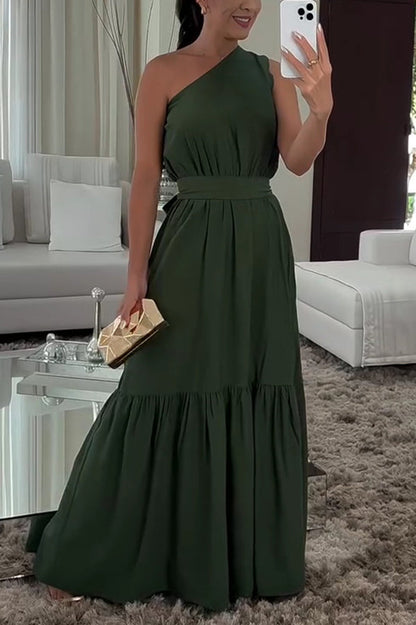Vestido largo de color liso con un solo hombro y lazo en la cintura