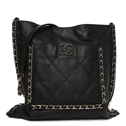 Calfskin Quilted Chain Flat Tote Black