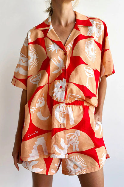 Conjunto de camisa de mezcla de lino con estampado único y pantalones cortos holgados con bolsillo y cintura elástica