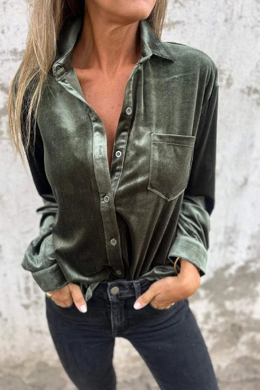 Camisa de solapa de terciopelo dorado para mujer
