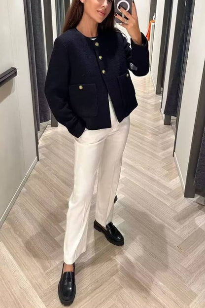 Chaqueta de botones con cuello redondo, corte entallado y bloques de color para mujer 