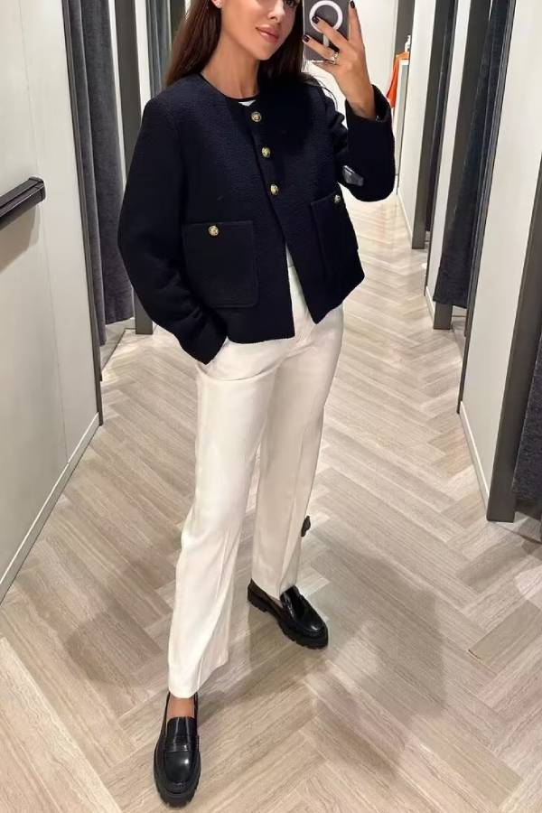 Chaqueta de botones con cuello redondo, corte entallado y bloques de color para mujer 