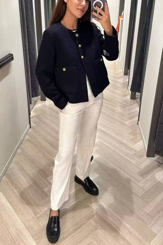 Chaqueta de botones con cuello redondo, corte entallado y bloques de color para mujer 