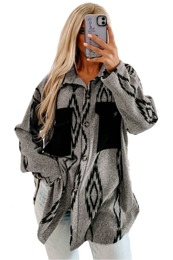 Chaqueta holgada con bolsillos en el pecho en contraste azteca gris