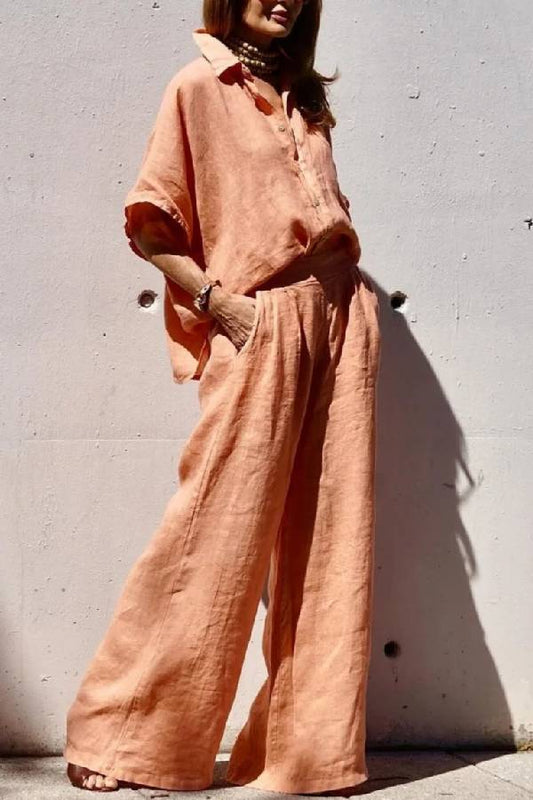Traje casual de lino naranja de dos piezas