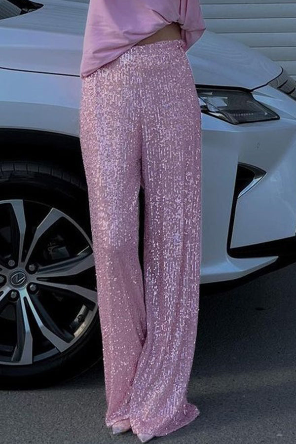 Pantalones rectos casuales de moda con lentejuelas de color sólido