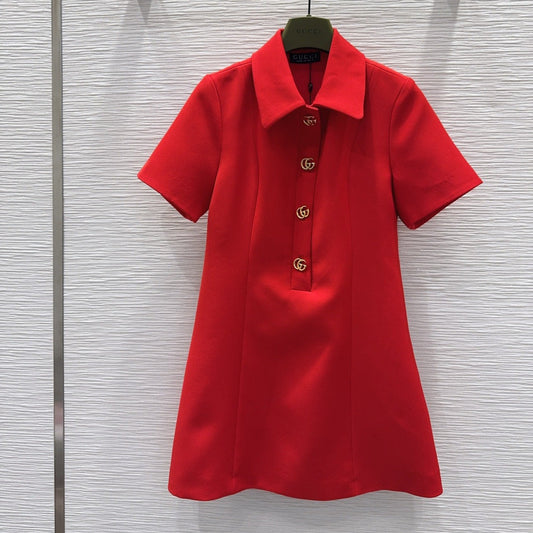 GG Crêpe Dress With Double G Button Red Wool 346689
