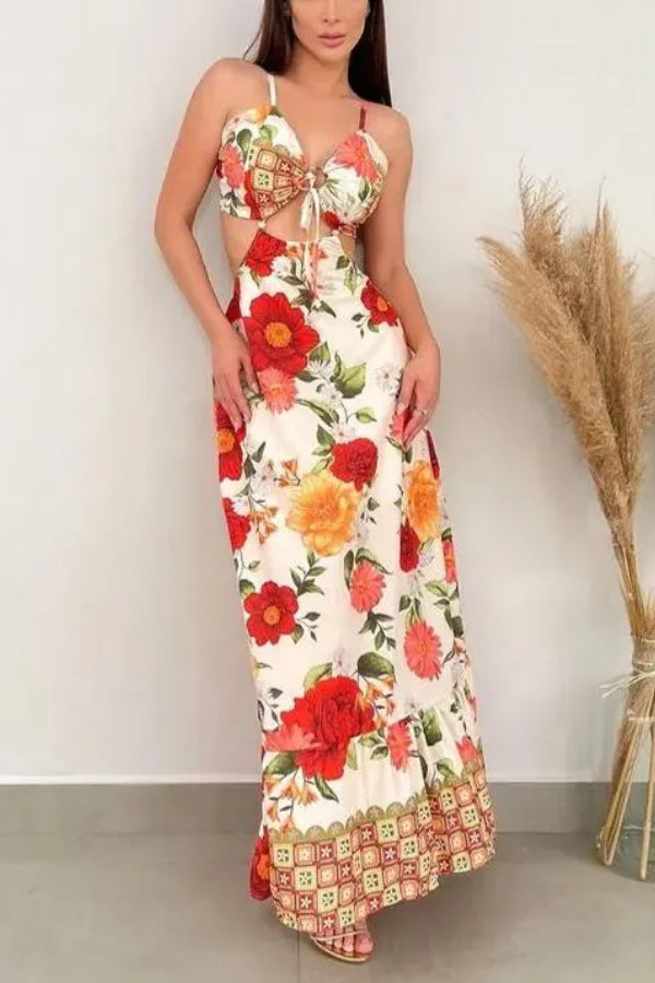 Vestido largo con espalda abierta y lazo en la cintura de MONET Blooming Rose