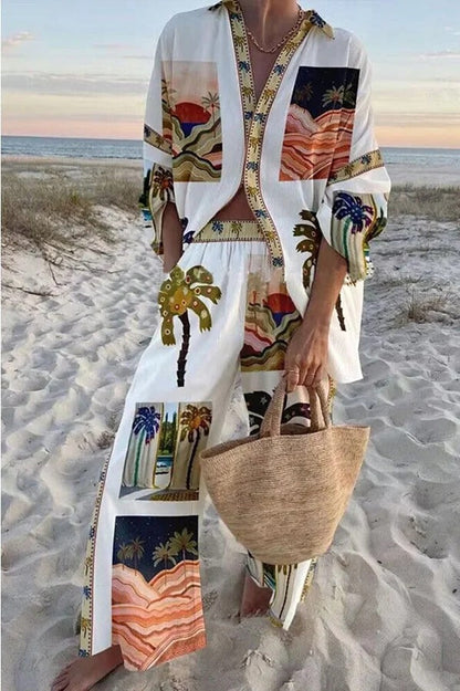 Conjunto holgado de dos piezas con estampado de palmeras