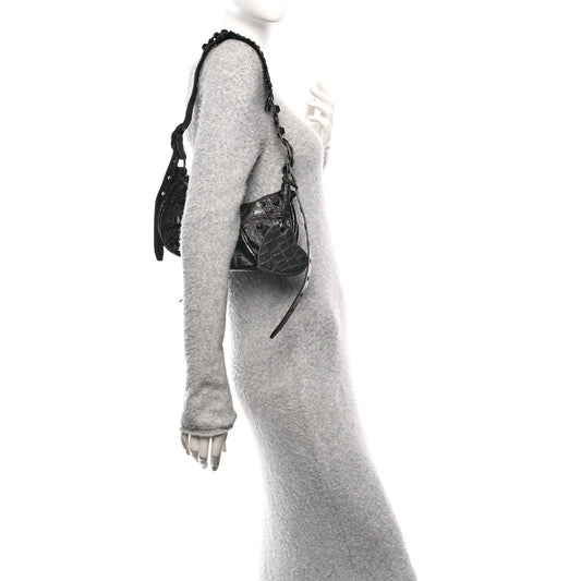 Extra Supple Calfskin Crocodile Embossed Monochrome Le Cagole Shoulder Bag XS Black