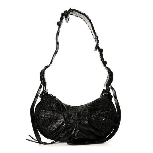 Extra Supple Calfskin Crocodile Embossed Monochrome Le Cagole Shoulder Bag XS Black