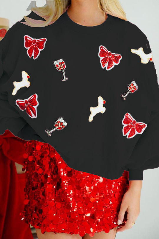 Sudadera holgada de manga larga con lentejuelas y copa de vino con lazo navideño