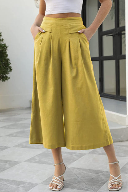 Faldas, tacto algodón, cintura elástica, pierna ancha, pantalones de nueve puntos, ropa de trabajo con bolsillos, pantalones casuales, sueltos