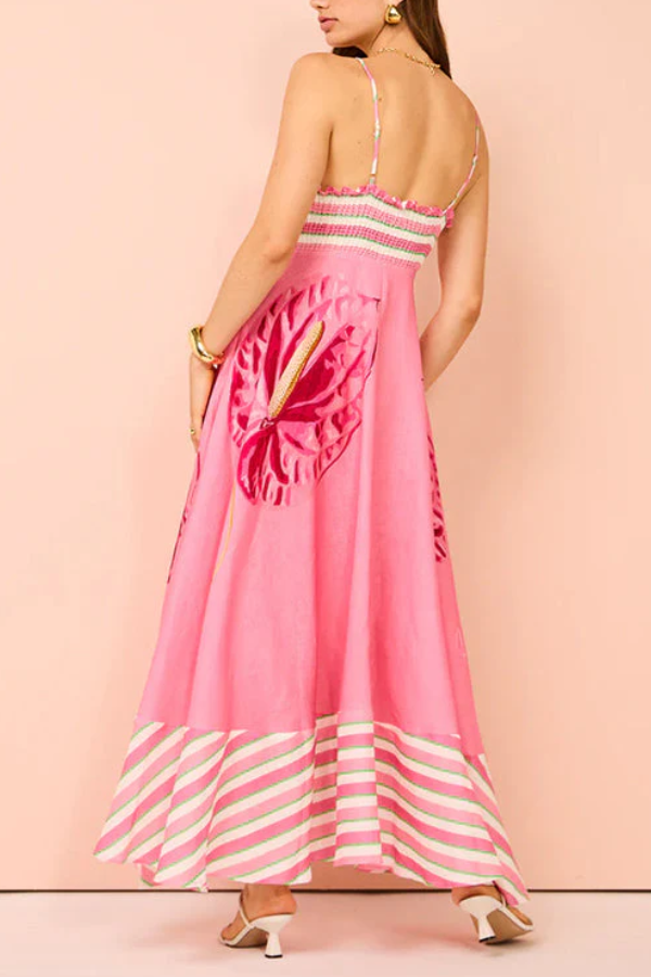 Vestido largo camisola con estampado floral y rayas sin espalda