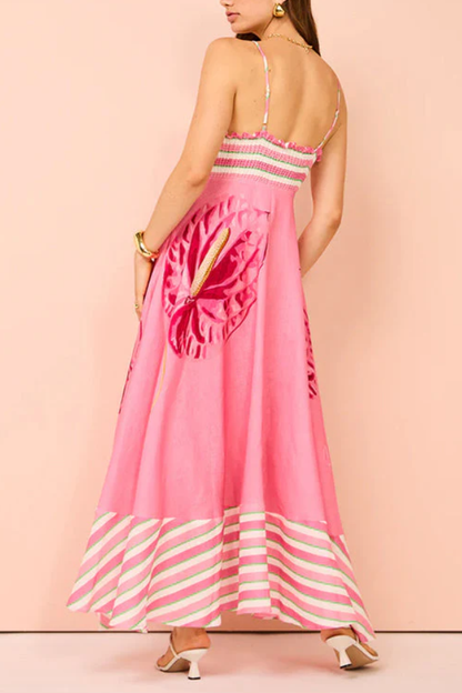 Vestido largo camisola con estampado floral y rayas sin espalda