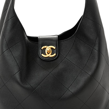 Shiny Lambskin Quilted Medium Hobo Black