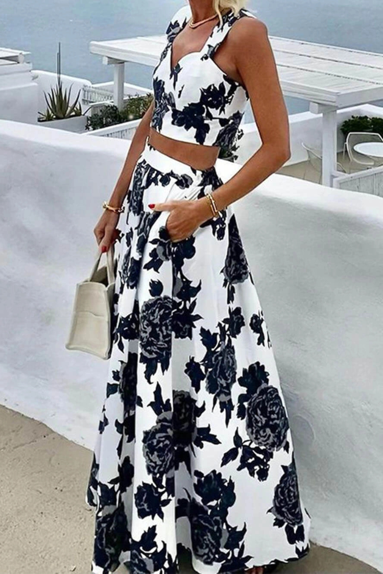 Conjunto de dos piezas de top y falda con tirantes y estampado de moda
