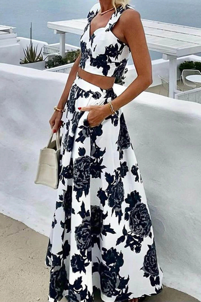 Conjunto de dos piezas de top y falda con tirantes y estampado de moda