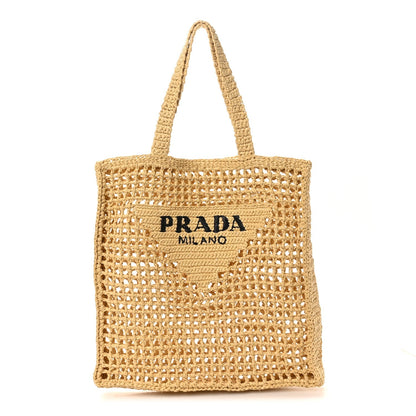 Yarn Raffia Effect Crochet Logo Embroidered Tote Bag Naturale