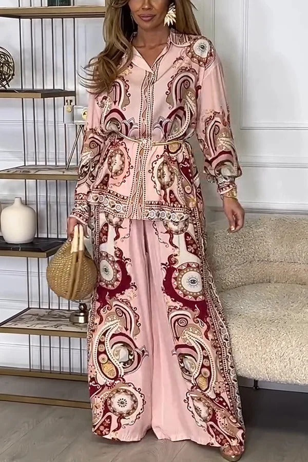 Conjunto de camisa de manga larga con solapa y estampado único con lazo en la cintura y pantalones anchos con bolsillo y cintura elástica