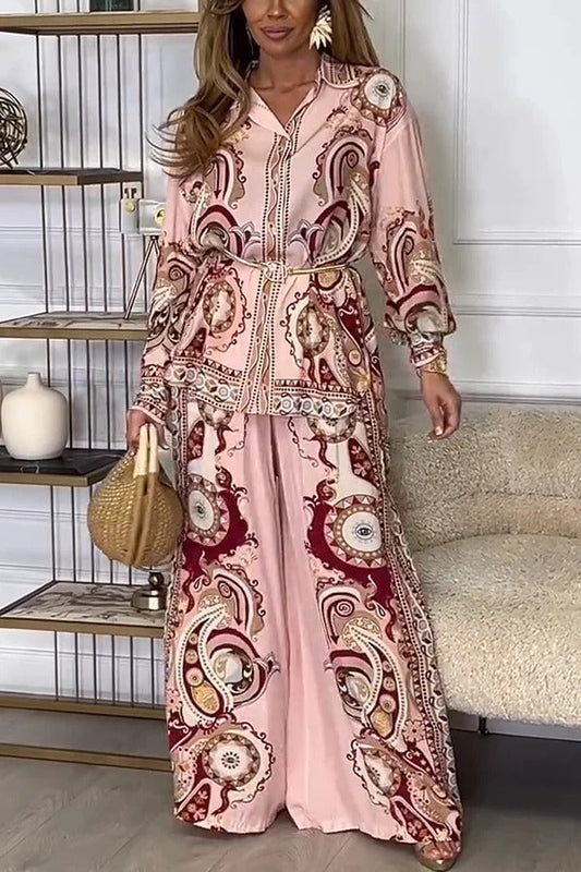Conjunto de camisa de manga larga con solapa y estampado único con lazo en la cintura y pantalones anchos con bolsillo y cintura elástica