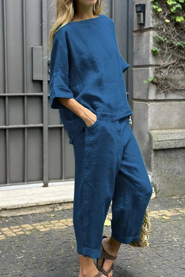 Conjunto informal de dos piezas de algodón y lino con cuello redondo y pantalones de color liso 
