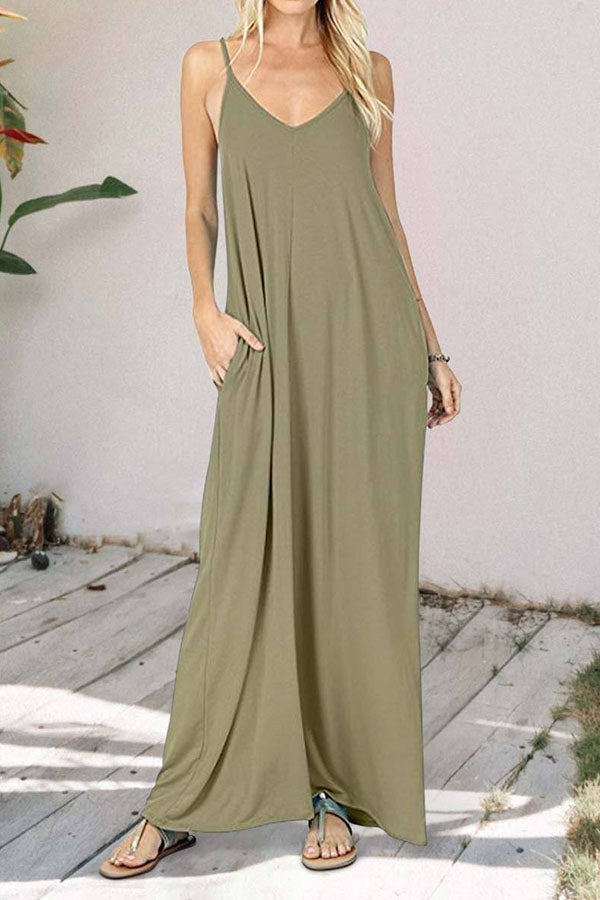 VESTIDO CHALECO CON BOLSILLO DE COLOR LISO
