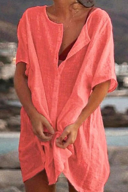 Vestido camisero holgado de manga corta de color liso para playa, ropa de protección solar 