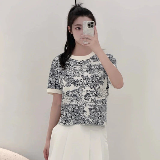 DIOR 25S SHORT-SLEEVE PATTERNED KNIT TOP 701