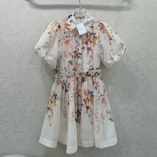 Zimmermann Floral Puff Sleeve Mini Dress Cream Floral Print Cotton 347338