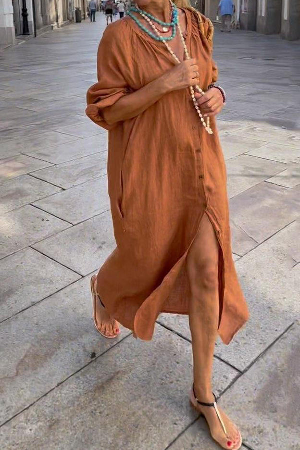 VESTIDO LISO DE ALGODÓN Y LINO CON BOTONES