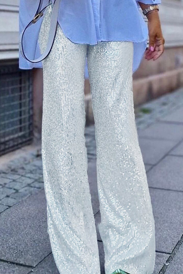 Pantalones rectos casuales de moda con lentejuelas de color sólido