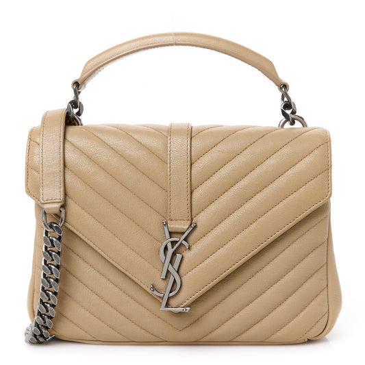 Sheepskin Matelasse Chevron Monogram Medium College Bag Dark Beige