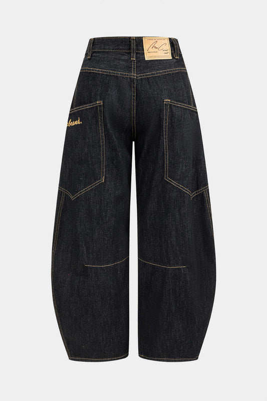 Solid Color Vintage Washed Wide Leg Barrel Jeans
