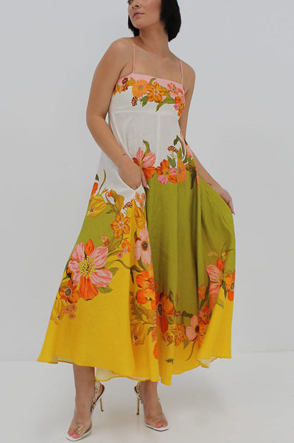 Vestido largo de mezcla de lino con estampado floral en contraste y bolsillos fruncidos en la espalda