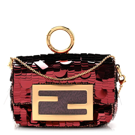Sequin Paillettes Shiny Nappa Sex and the City Nano Maxi Buckle Baguette Charm Granata