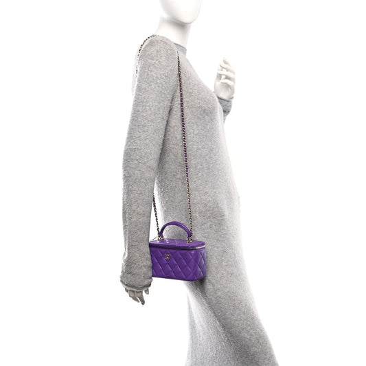 Lambskin Quilted Small Top Handle Vanity Case With Chain Purple