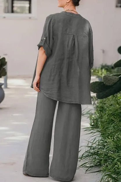 Conjunto de camisa y pantalón de color liso holgado informal