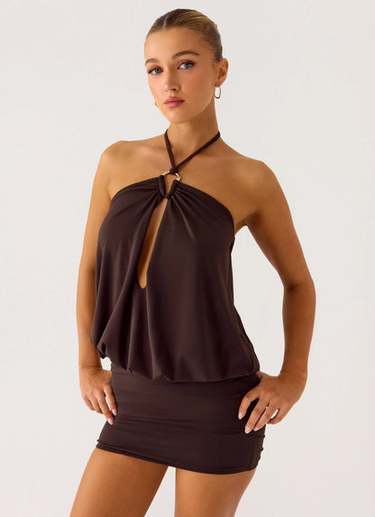 Jisoo Halter Mini Dress - Cool Chocolate