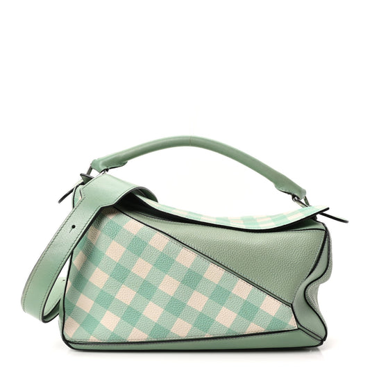 Calfskin Medium Gingham Puzzle Bag Lime