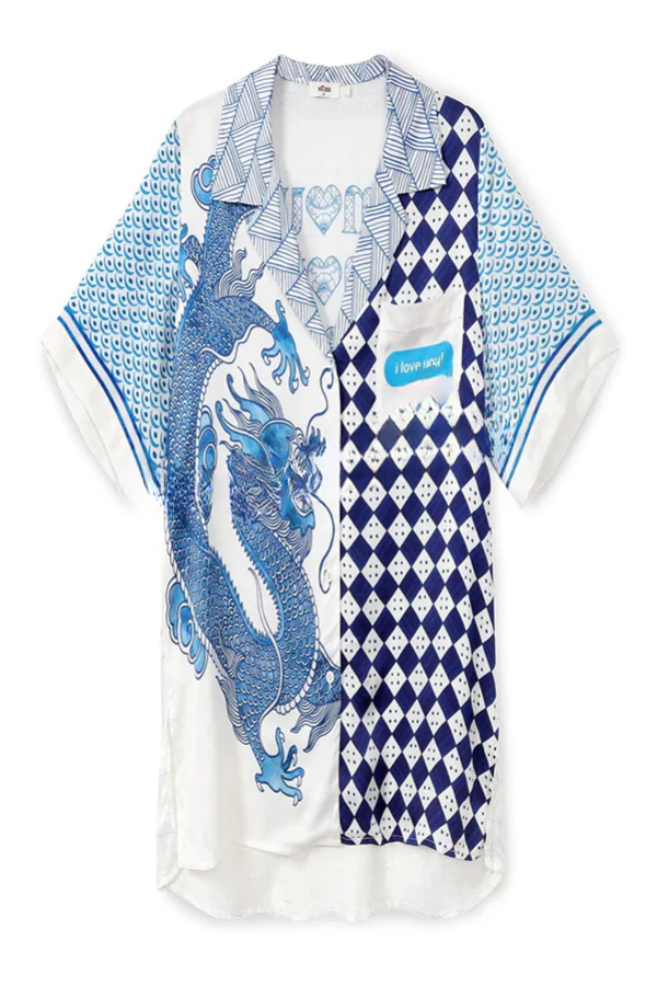 Conjunto de camisa holgada de manga corta con estampado de dragón único y pantalones con bolsillo en la cintura elástica