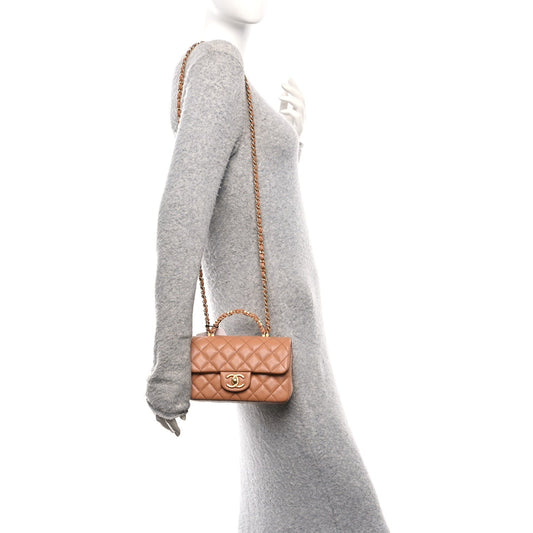 Caviar Quilted Mini Handy CC Flap Camel