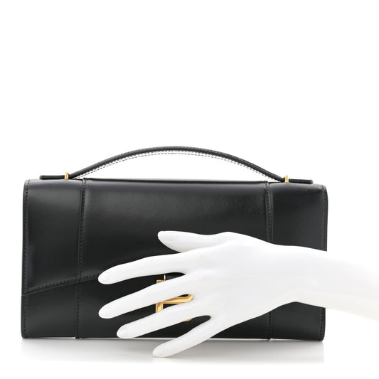 Shiny Calfskin Top Handle Hourglass Clutch Black