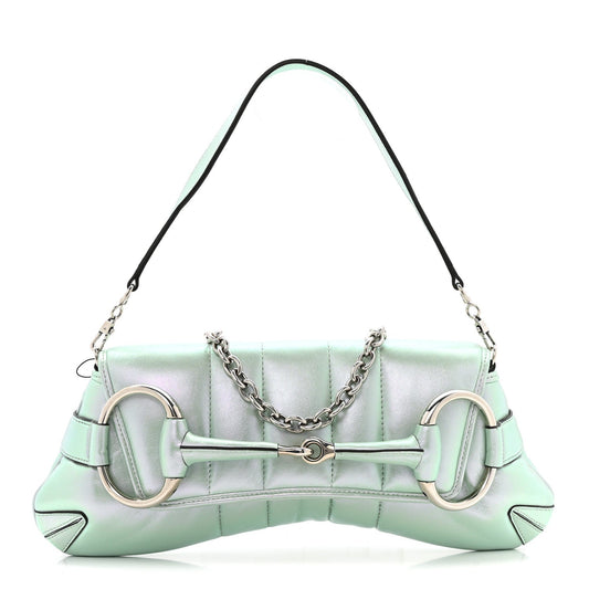 Iridescent Nappa Vertical Matelasse Medium Maxi Horsebit Chain Shoulder Bag Iridescent Salvy Green