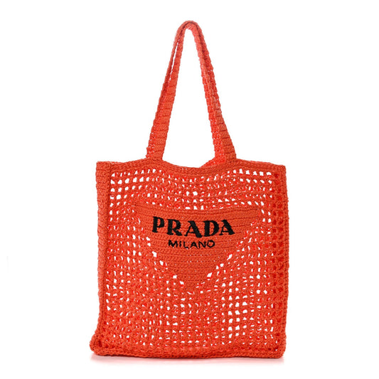 Yarn Raffia Effect Crochet Logo Embroidered Tote Bag Arancio