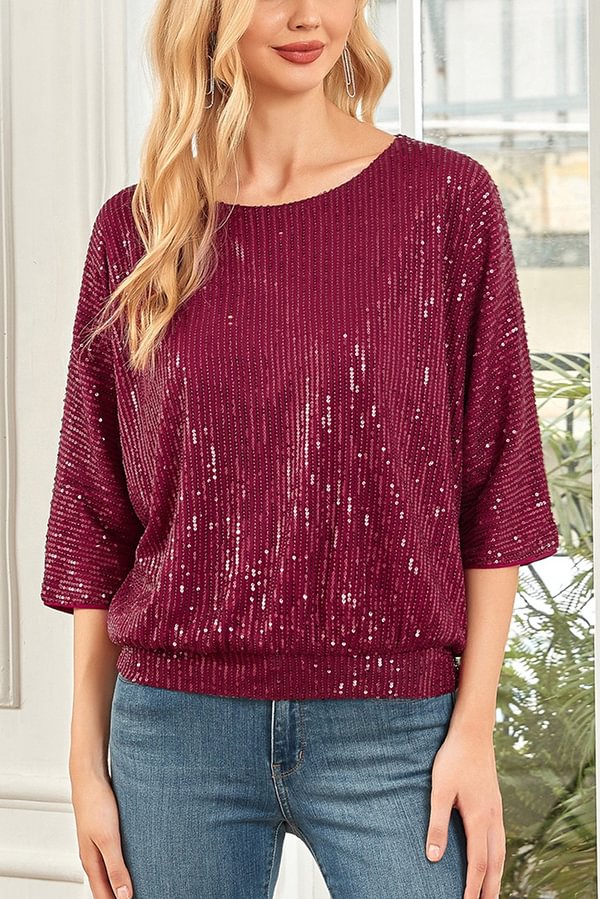 Top casual holgado de cuello redondo con lentejuelas de color liso