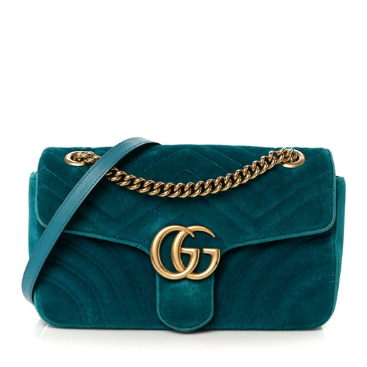 Velvet Matelasse Small GG Marmont Shoulder Bag Pavone Cyan